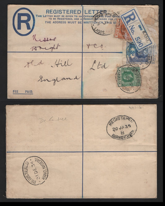 Lot 263 Nigeria #15b, 17 1/2d Green & 1.5d Orange 1921-1932 King George V Imperium Keyplate Issue, Usage A 1934 Registered Cover To UK
