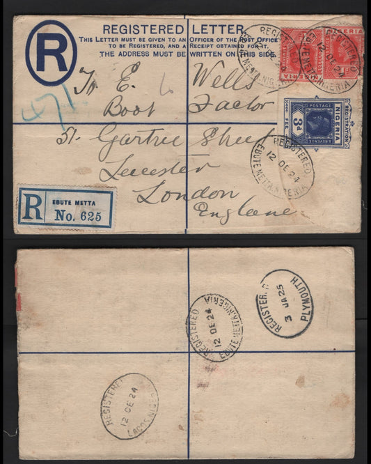 Lot 268 Nigeria #16b 1d Rose Red 1921-1932 King George V Imperium Keyplate Issue, Usage On Registered Envelope To UK