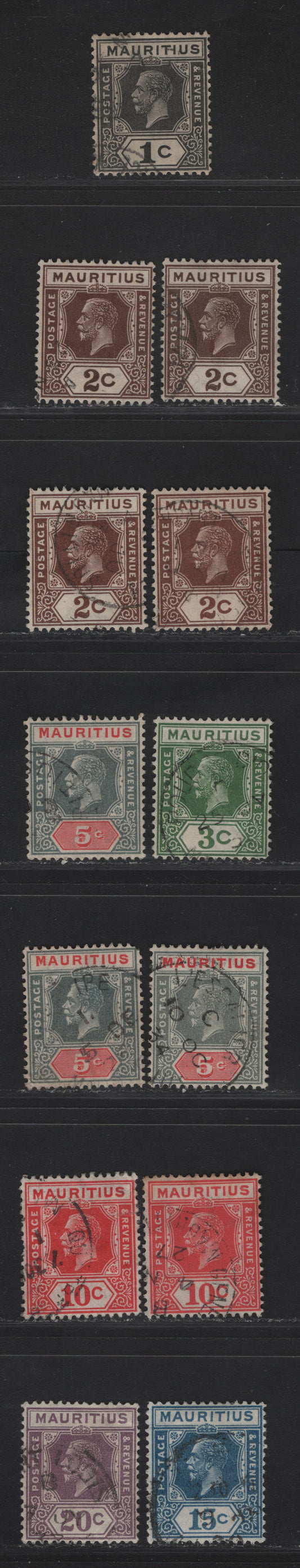 Lot 27 Mauritius SG#223-225, 227, 230, 233-234 1c - 20c Black - Purple King George V, 1921-1934 KGV Imperium Keyplate Issue, 13 Very Fine Used Singles, Several Shades Of 2c, 5c & 10c, Mult Script CA Wmk