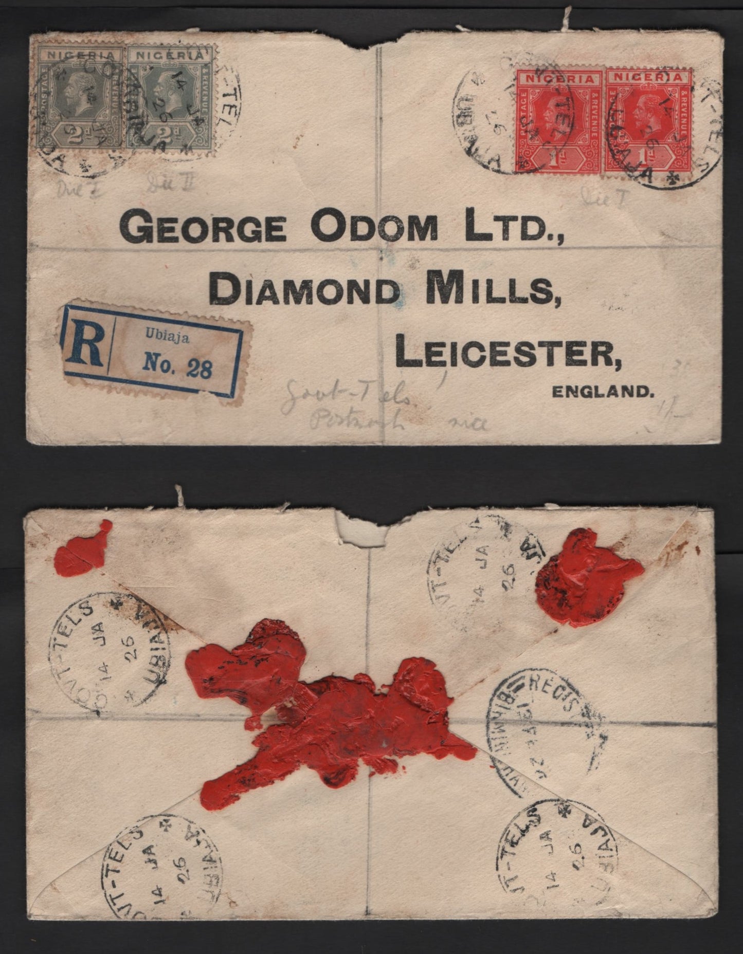 Lot 270 Nigeria #16, 18, 18a 1d Deep Red, 2d Deep Grey 1921-1932 King George V Imperium Keyplate Issue, Usage On 1926 Registered Cover To UK, Rare Government Telegraphs Cancels For Ubiaja