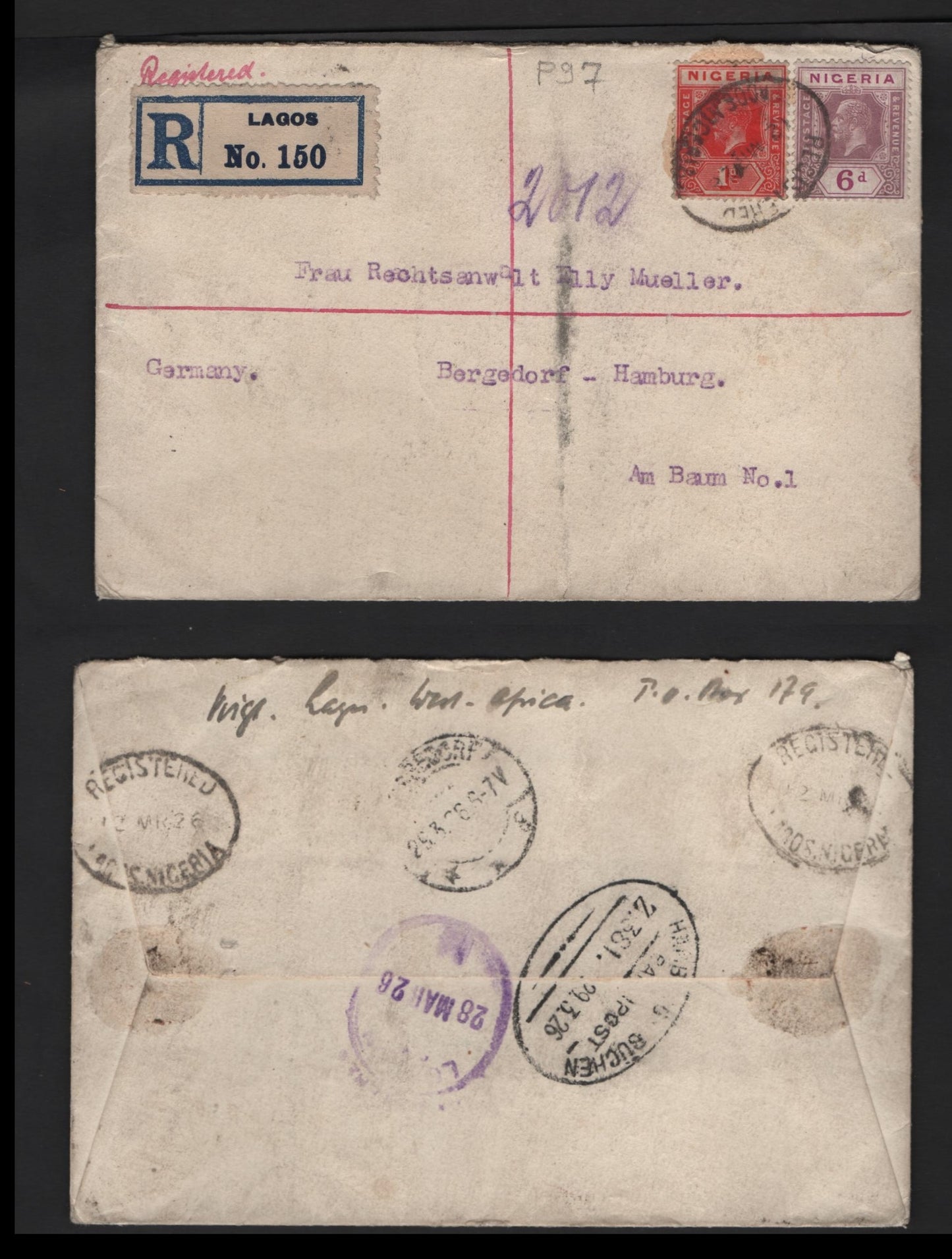 Lot 271 Nigeria #16, 25a 1d Deep Red, 6d Bright Purple & Dull Purple 1921-1932 King George V Imperium Keyplate Issue, Usage On 1926 Registered Cover to Germany