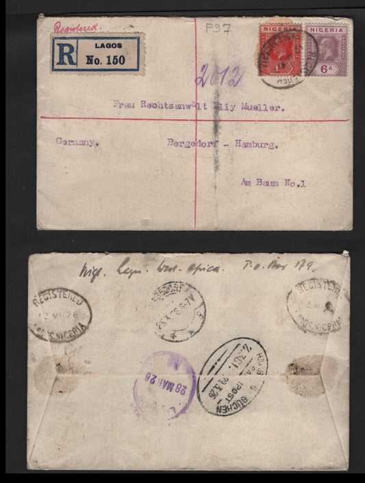 Lot 271 Nigeria #16, 25a 1d Deep Red, 6d Bright Purple & Dull Purple 1921-1932 King George V Imperium Keyplate Issue, Usage On 1926 Registered Cover to Germany