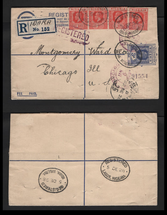 Lot 272 Nigeria #16b 1d Rose Red 1921-1932 King George V Imperium Keyplate Issue, Usage On 1928 Registered Envelope To USA