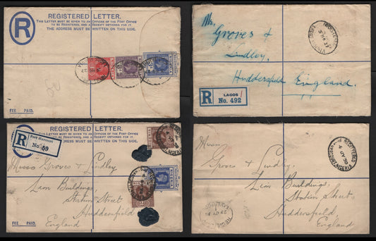 Lot 273 Nigeria #16b, 20, 22a 1d Rose Red, 2d Chocolate & 3d Purple 1921-1932 King George V Imperium Keyplate Issue, Usage Two Registered Envelopes to UK