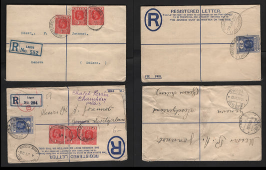 Lot 275 Nigeria #16b 1d Rose Red 1921-1932 King George V Imperium Keyplate Issue, Usage On 2 Registered Envelopes To Switzerland