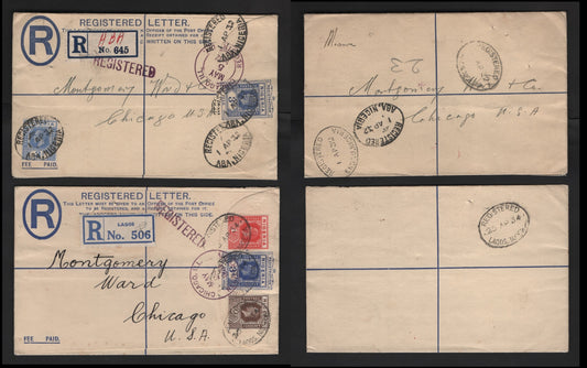 Lot 277 Nigeria #16b, 20, 23 1d Red, 2d Chocolate, 3d Bright Blue 1921-1932 King George V Imperium Keyplate Issue, Usage On 2 Registered Envelopes To Chicago