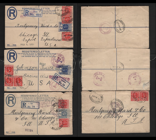Lot 278 Nigeria #16b 1d Red 1921-1932 King George V Imperium Keyplate Issue, Usage On 3 Registered Envelopes To Chicago & Racine Wisconsin