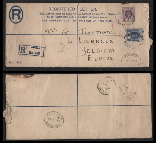 Lot 279 Nigeria #22a 3d Pale Purple 1921-1932 King George V Imperium Keyplate Issue, Usage On Large Registered Envelope To Belgium