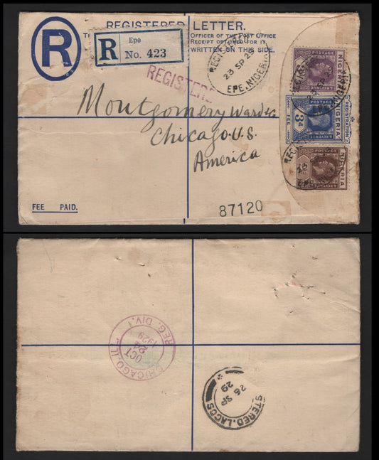 Lot 280A Nigeria #20, 22a 2d Chocolate & 3d Purple 1921-1932 King George V Imperium Keyplate Issue, Usage On Registered Envelope To Chicago