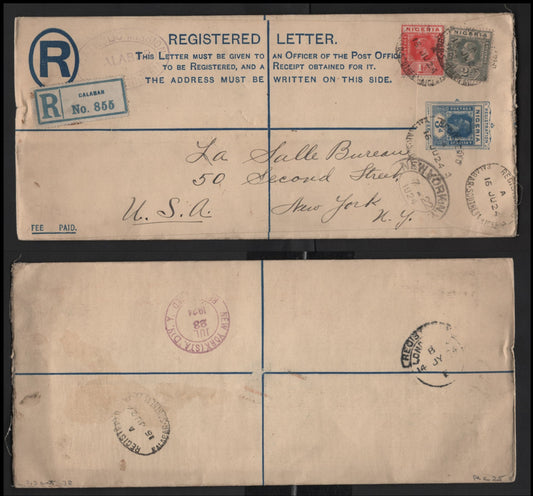 Lot 280 Nigeria #16, 18 1d Rose Red & 2d Grey 1921-1932 King George V Imperium Keyplate Issue, Usage On Large Registered Envelope To New York, Scarce Cancel