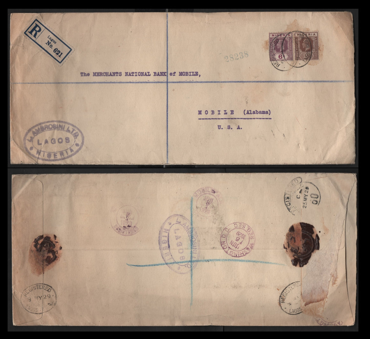 Lot 281 Nigeria #20, 25a 2d Chocolate & 6d Bright Purple & Dull Purple 1921-1932 King George V Imperium Keyplate Issue, Usage On Oversize Registered Cover To Mobile Alabama