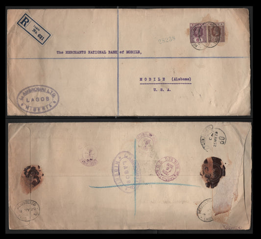 Lot 281 Nigeria #20, 25a 2d Chocolate & 6d Bright Purple & Dull Purple 1921-1932 King George V Imperium Keyplate Issue, Usage On Oversize Registered Cover To Mobile Alabama