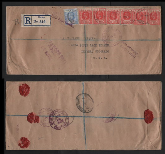 Lot 282 Nigeria #16b, 23 1d Rose Red & 3d Pale Dull Blue 1921-1932 King George V Imperium Keyplate Issue, Usage On Oversize Registered Cover To Denver Colorado