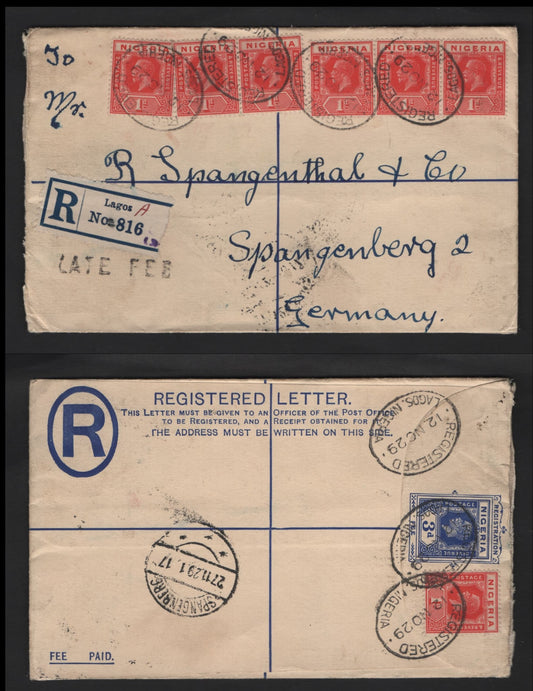 Lot 283 Nigeria #16b,  1d Deep Rose Red 1921-1932 King George V Imperium Keyplate Issue, Usage On Late-Fee Registered Cover To Germany