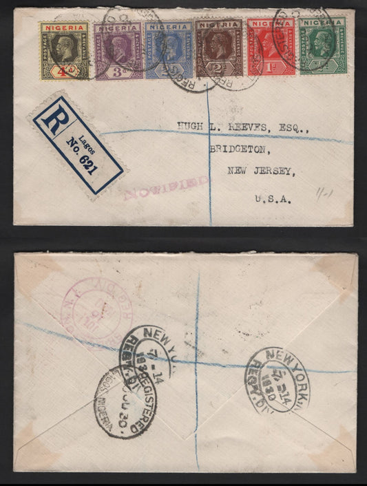 Lot 284 Nigeria #15b, 16b, 20, 21, 22a, 24 1/2d Green - 4d Deep grey & Red On Yellow 1921-1932 King George V Imperium Keyplate Issue, Usage On Registered Cover to New Jersey