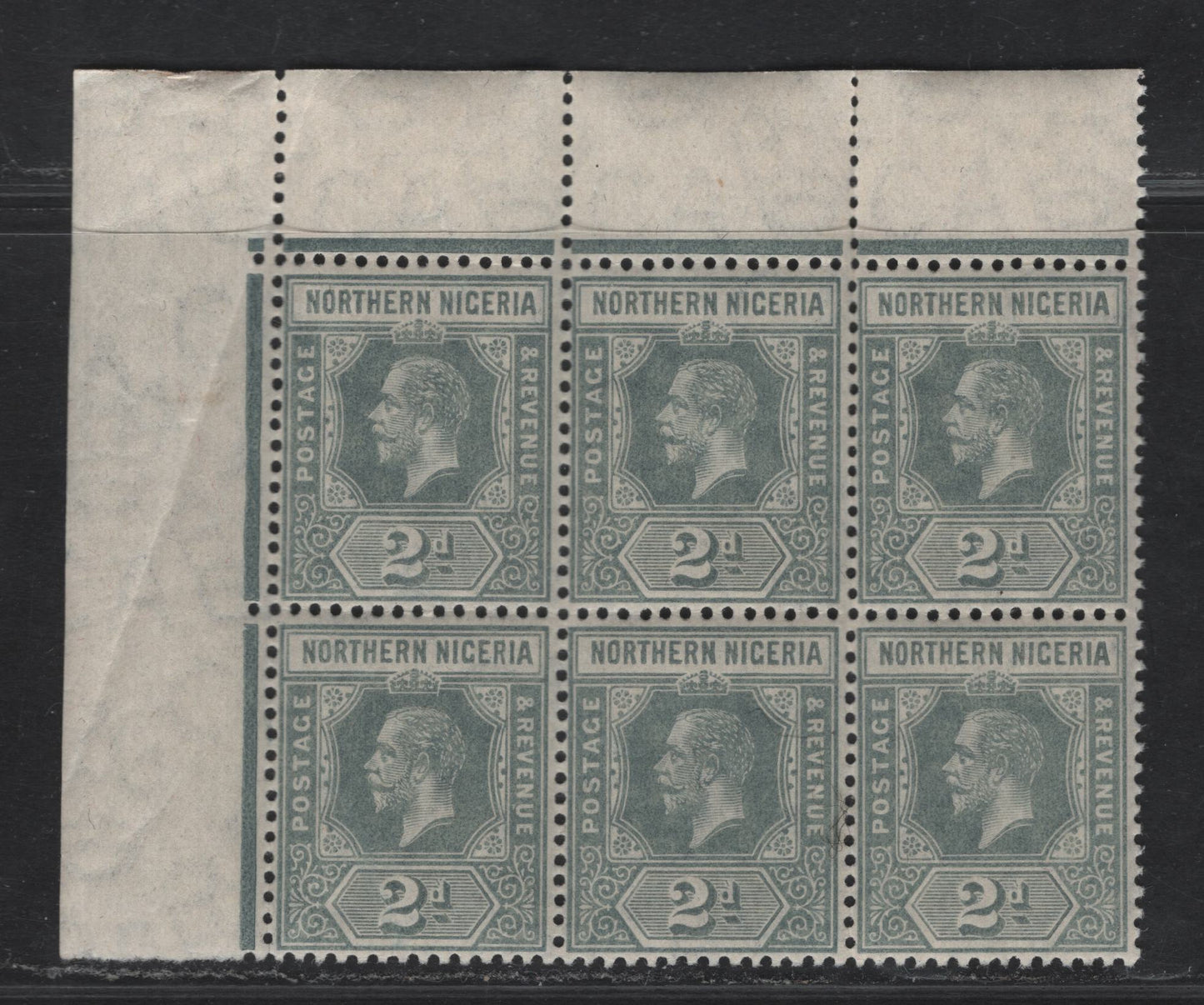 Lot 285 Northern Nigeria SG#42 2d Gray King George V, 1912 KGV Imperium Keyplate Issue, A VFNH UL Sheet Margin Block Of 6 Small Diagonal Crease In Selvedge, Stamps Are NH,, Multiple Crown CA Wmk.