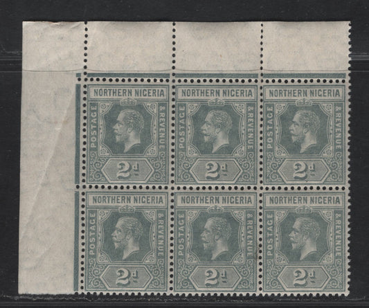 Lot 285 Northern Nigeria SG#42 2d Gray King George V, 1912 KGV Imperium Keyplate Issue, A VFNH UL Sheet Margin Block Of 6 Small Diagonal Crease In Selvedge, Stamps Are NH,, Multiple Crown CA Wmk.