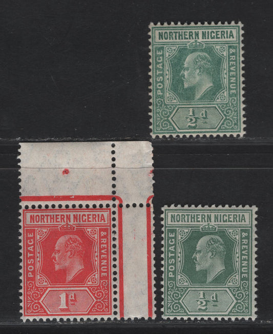 Lot 287 Northern Nigeria SG#28-29 1/2d - 1d Bluish Green - Rose Red King Edward VII, 1910-1911 King Edward VII Imperium Keyplate, 3 F/VFOG Singles, Multiple Crown CA Wmk