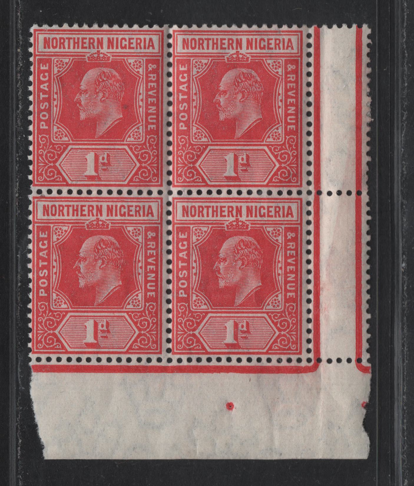 Lot 288 Northern Nigeria SG#29 1d Rose Carmine King Edward VII, 1910-1911 King Edward VII Imperium Keyplate, A VFNH LR Sheet Margin Block Of 4, From Left Pane, Showing Full Jubilee Lines & Marginal Dot Under Pos. 60