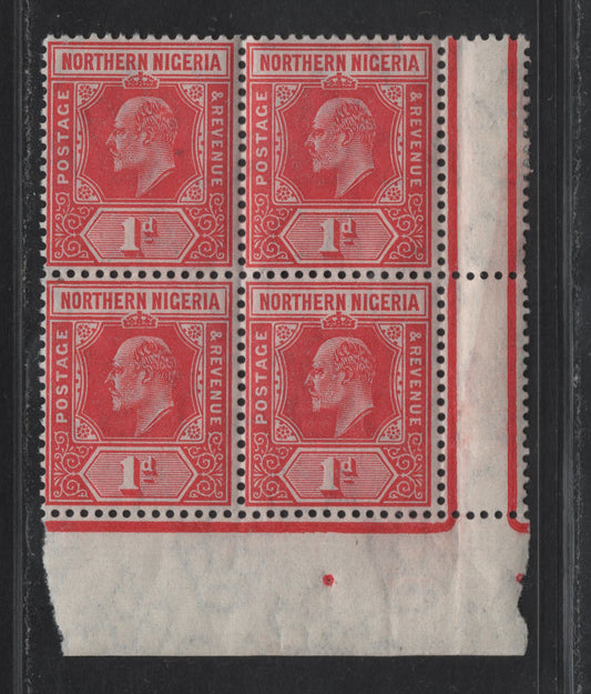 Lot 288 Northern Nigeria SG#29 1d Rose Carmine King Edward VII, 1910-1911 King Edward VII Imperium Keyplate, A VFNH LR Sheet Margin Block Of 4, From Left Pane, Showing Full Jubilee Lines & Marginal Dot Under Pos. 60