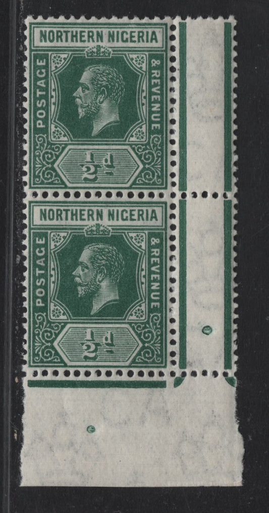 Lot 289 Northern Nigeria SG#40 1/2d - 3d Deep Green King George V, 1912 KGV Imperium Keyplate Issue, A VFNH LR Sheet Margin Pair, From Left Pane, Showing Full Gutters, Marginal Marking Dots.