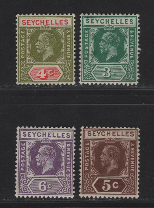 Lot 29 (C) Seychelles SG#84, 99, 102, 105 3c - 6c Green - Deep Mauve King George V, 1917-1932 KGV Imperium Keyplate Issue, 4 VFOG Singles, Mult Crown CA & Script CA Wmks, All Die 2 Except 5c