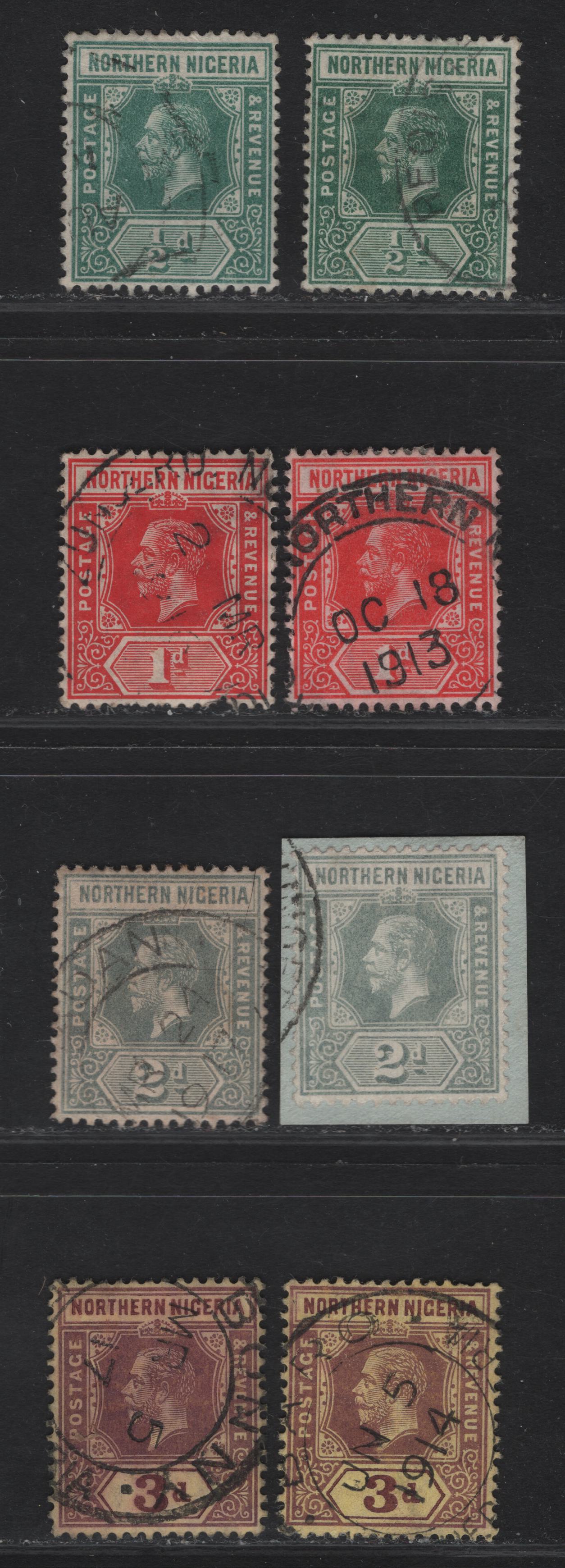 Lot 292 Northern Nigeria SG#40-43 1/2d - 3d Deep Green - Chocolate & Reddish Purple Brown King George V, 1912 KGV Imperium Keyplate Issue, 8 Very Fine Used Singles, Some Shade Variety