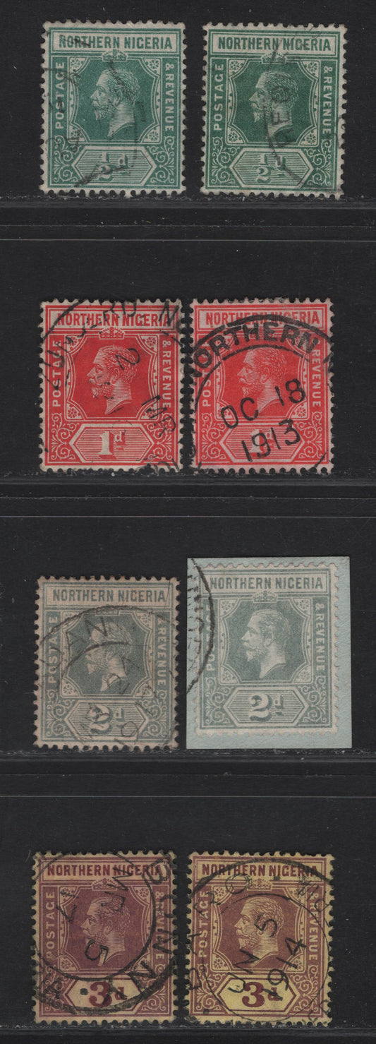 Lot 292 Northern Nigeria SG#40-43 1/2d - 3d Deep Green - Chocolate & Reddish Purple Brown King George V, 1912 KGV Imperium Keyplate Issue, 8 Very Fine Used Singles, Some Shade Variety