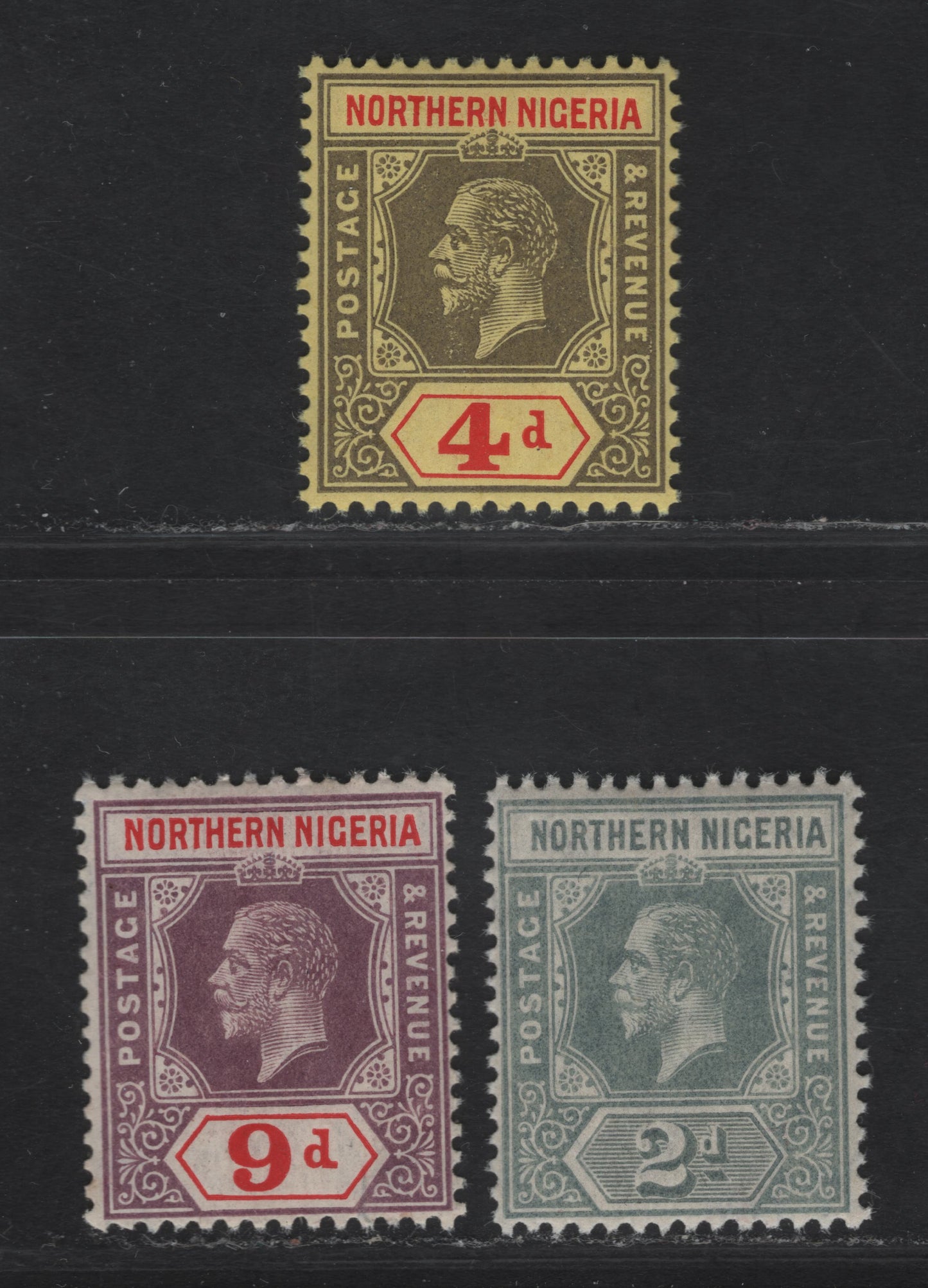 Lot 144 Northern Nigeria SG#42, 44, 47 2d - 9d Gray - Reddish Purple & Red King George V, 1912 KGV Imperium Keyplate Issue, 3 F/VFNH Singles