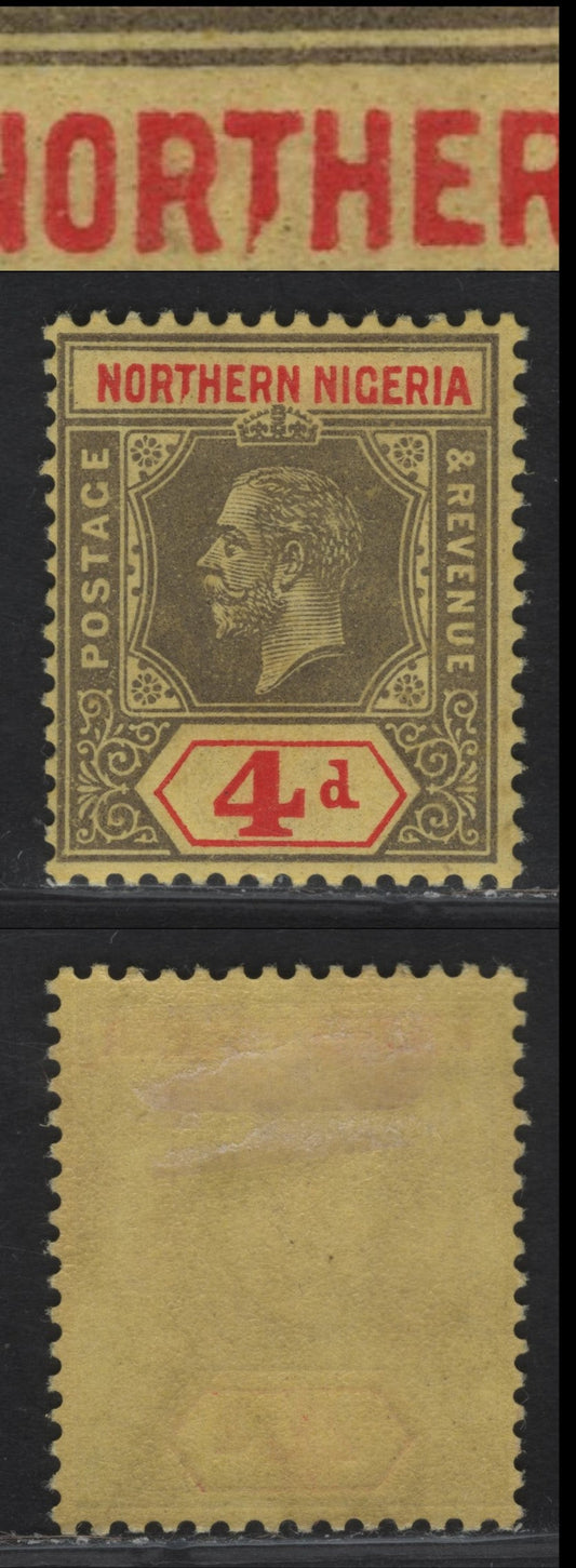 Lot 294 Northern Nigeria SG#44var 4d Deep Gray King George V, 1912 KGV Imperium Keyplate Issue, A FOG Single, Yellow Paper, Broken, Truncated 'T' in Northern, Unlisted, But Flaws Like This Are Listed For Other Colonies Like Leeward Islands.