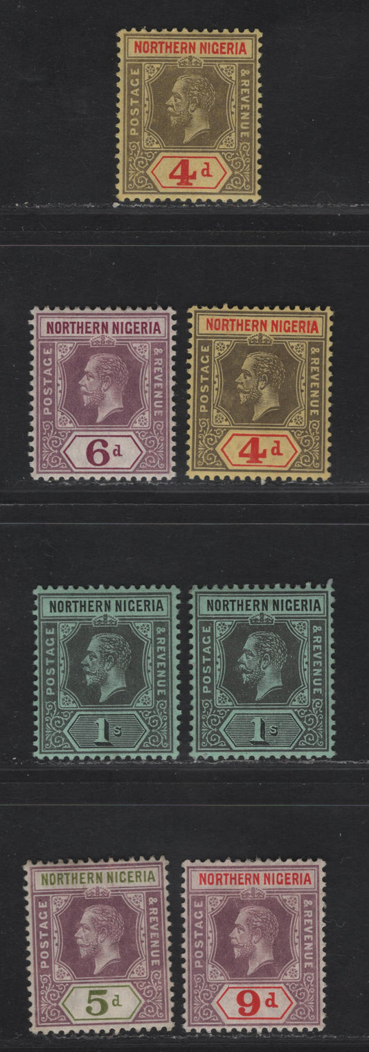 Lot 295 Northern Nigeria SG#44-48 4d - 1/- Gray & Red - Black King George V, 1912 KGV Imperium Keyplate Issue, 7 VFOG Singles, Various Shades & Papers