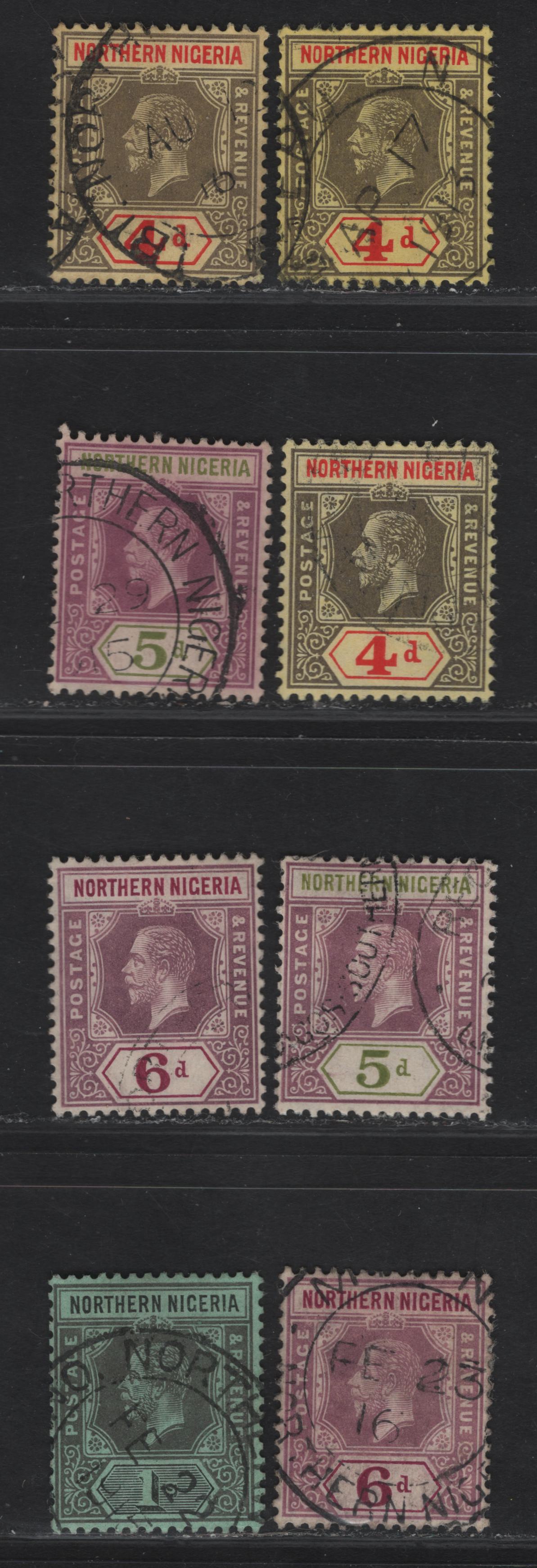 Lot 296 Northern Nigeria SG#44-46, 48 4d - 1/- Gray & Red - Deep Gray & Black King George V, 1912 KGV Imperium Keyplate Issue, 8 Fine/Very Fine Used Singles, Various Shades & Papers