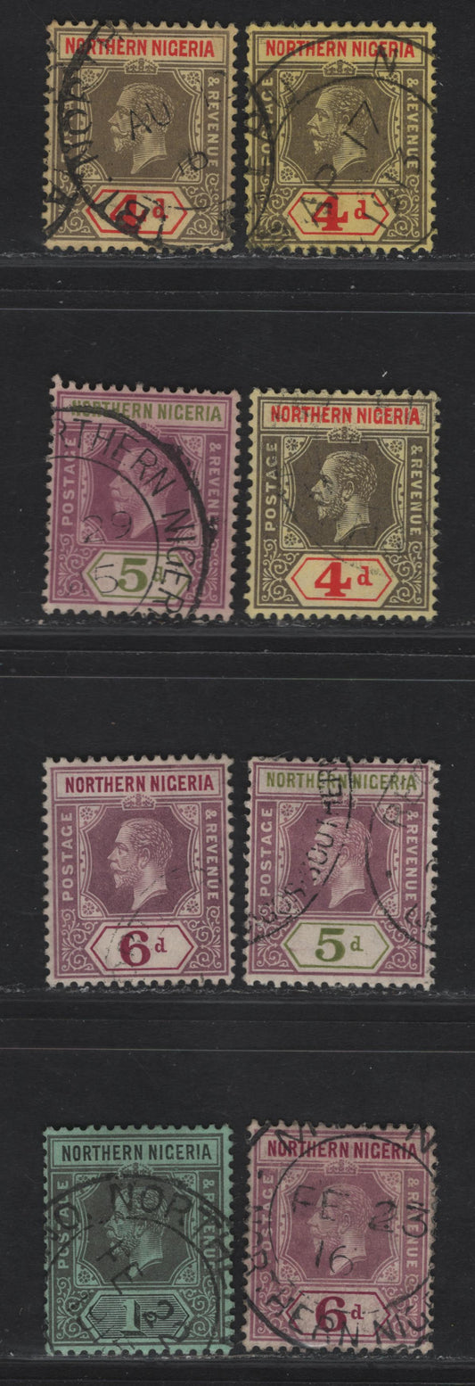 Lot 296 Northern Nigeria SG#44-46, 48 4d - 1/- Gray & Red - Deep Gray & Black King George V, 1912 KGV Imperium Keyplate Issue, 8 Fine/Very Fine Used Singles, Various Shades & Papers