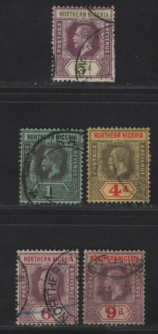Lot 297 Northern Nigeria SG#44-48 4d - 1/- Gray & Red - Deep Gray & Black King George V, 1912 KGV Imperium Keyplate Issue, 5 Fine/Very Fine Used Singles, Various Shades & Papers