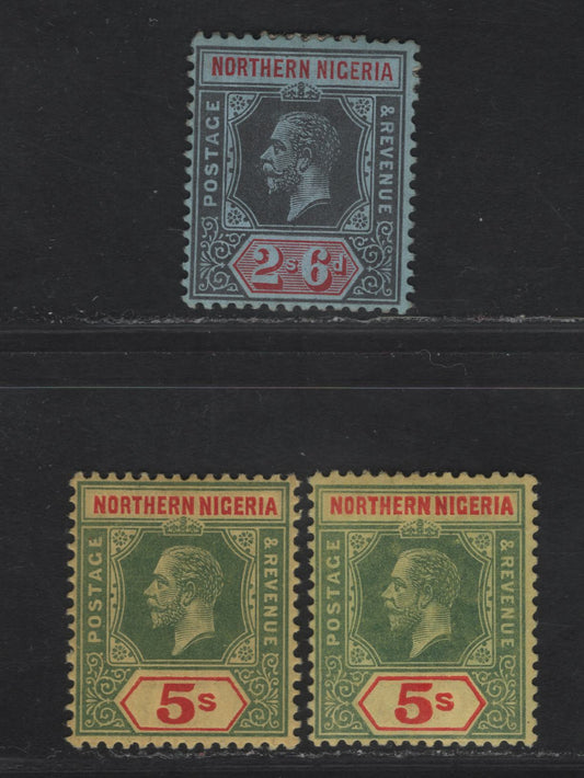 Lot 298 Northern Nigeria SG#49-50 2/6 - 5/- Gray Black & Red - Bluish Green & Red King George V, 1912 KGV Imperium Keyplate Issue, 2 F/VFOG Singles, Various Shades & Papers