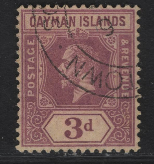 Lot 3 Cayman Islands #45 3d Purple On Yellow, 1912-1920 King George V Imperium Keyplate Issue With Wmk Multiple Crown CA, A Fine Used Single