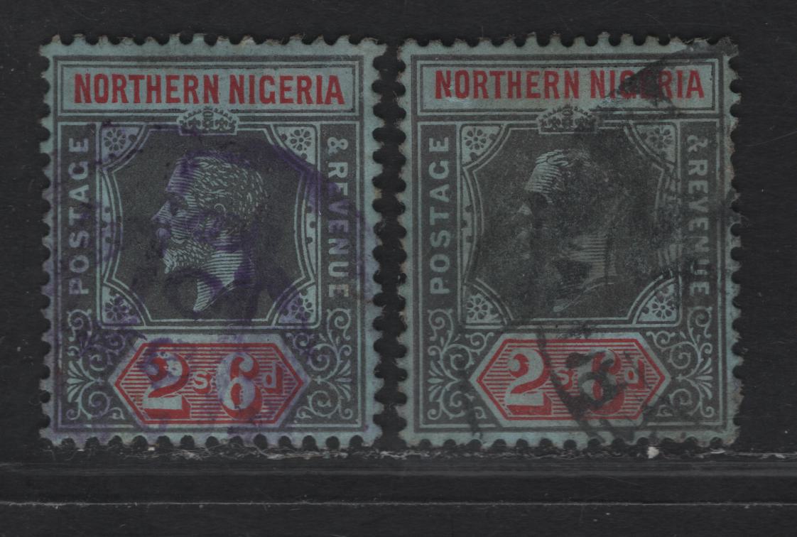 Lot 303 Northern Nigeria SG#49 2/6 Deep Gray & Bright Red - Gray Black & Bright Red King George V, 1912 KGV Imperium Keyplate Issue, 2 Fine Used Singles, Medium Parcel Cancel Strikes, Little On The Smudgey Side, Scarce Postally Used.
