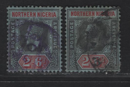 Lot 303 Northern Nigeria SG#49 2/6 Deep Gray & Bright Red - Gray Black & Bright Red King George V, 1912 KGV Imperium Keyplate Issue, 2 Fine Used Singles, Medium Parcel Cancel Strikes, Little On The Smudgey Side, Scarce Postally Used.