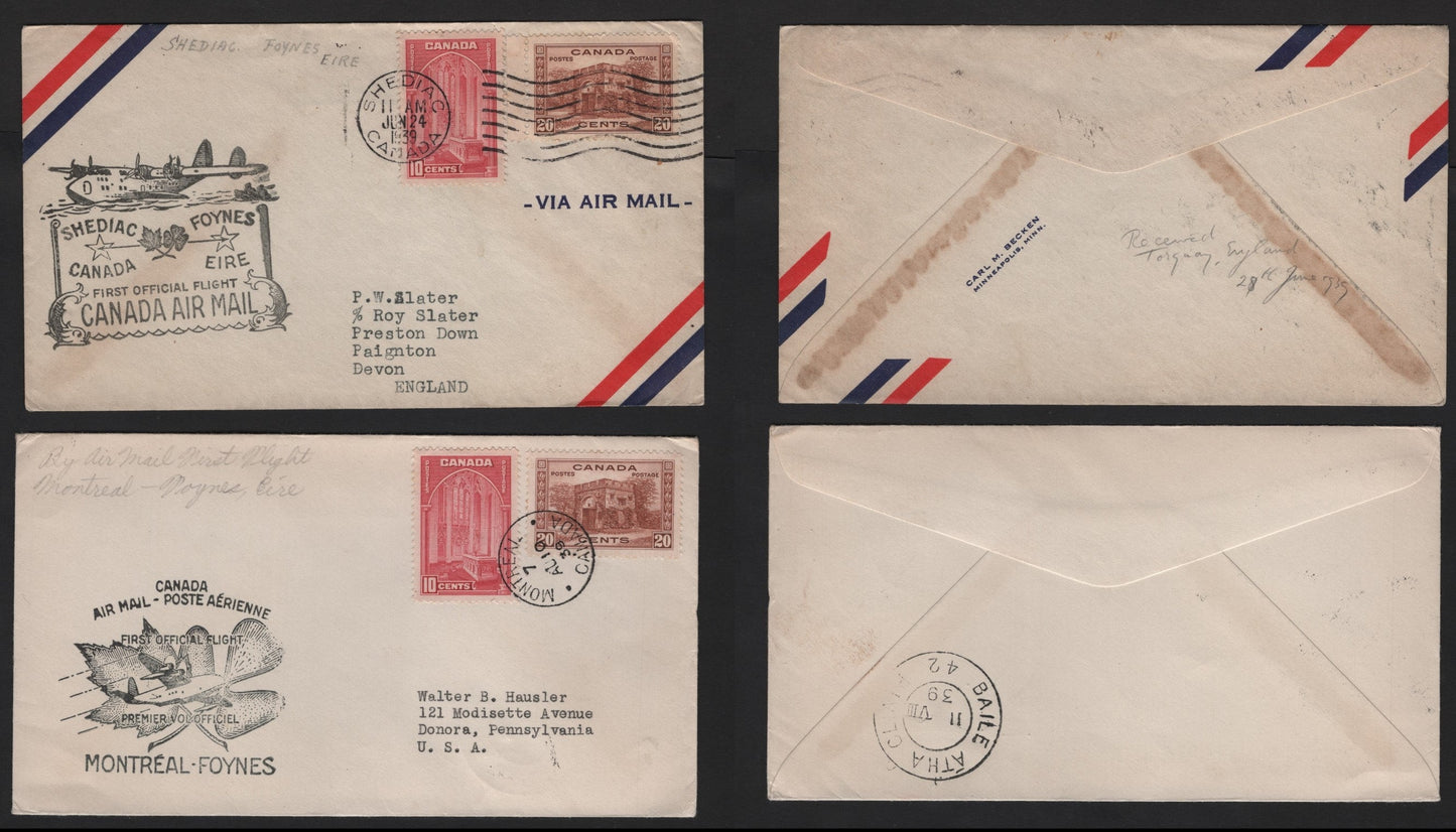 Lot 306 Canada #241a, 243 10c Rose Carmine & 20c Red Brown, 1938 Pictorial Issue, 2 Fine To VF Used Singles On A Pair Of 1939 First Flight Airmail Covers One Is Montreal To Foynes Ireland, And The Other Is Shediac To Foynes