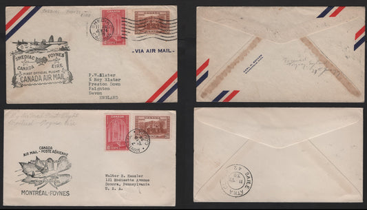 Lot 306 Canada #241a, 243 10c Rose Carmine & 20c Red Brown, 1938 Pictorial Issue, 2 Fine To VF Used Singles On A Pair Of 1939 First Flight Airmail Covers One Is Montreal To Foynes Ireland, And The Other Is Shediac To Foynes