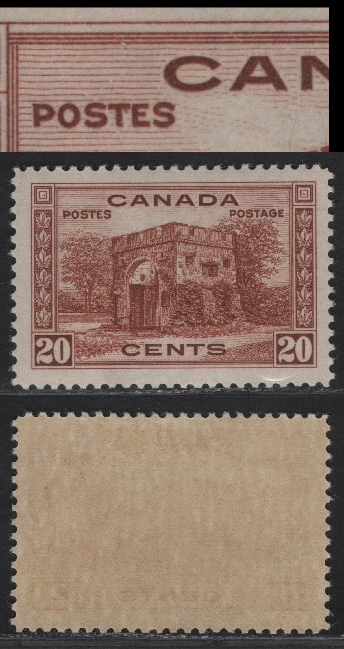 Lot 308 (C) Canada #243var 20c Deep Brown Red Fort Garry Gate, 1938 Pictorial Issue, A VFNH Single Showing Small Spur On The "T" Of "Postes" Projecting Downward, Paper Type CBN-R. Perf 11.9x12