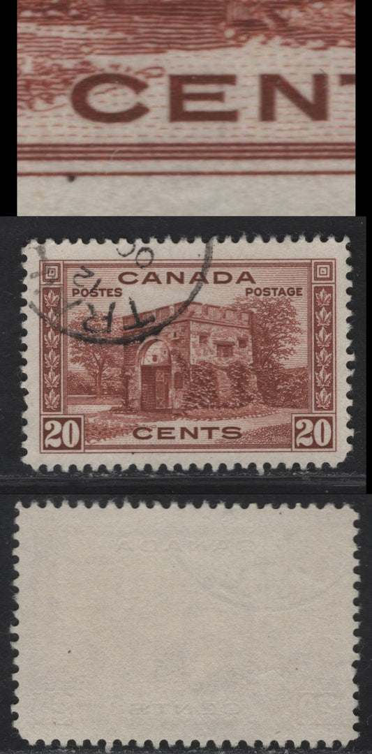 Lot 309 Canada #243var 20c Deep Brown Red Fort Garry Gate, 1938 Pictorial Issue, A VF Used Single On CBN-Q Paper, Perf 12. Showing Dot On Lower Frameline Under 'C' Of Cents