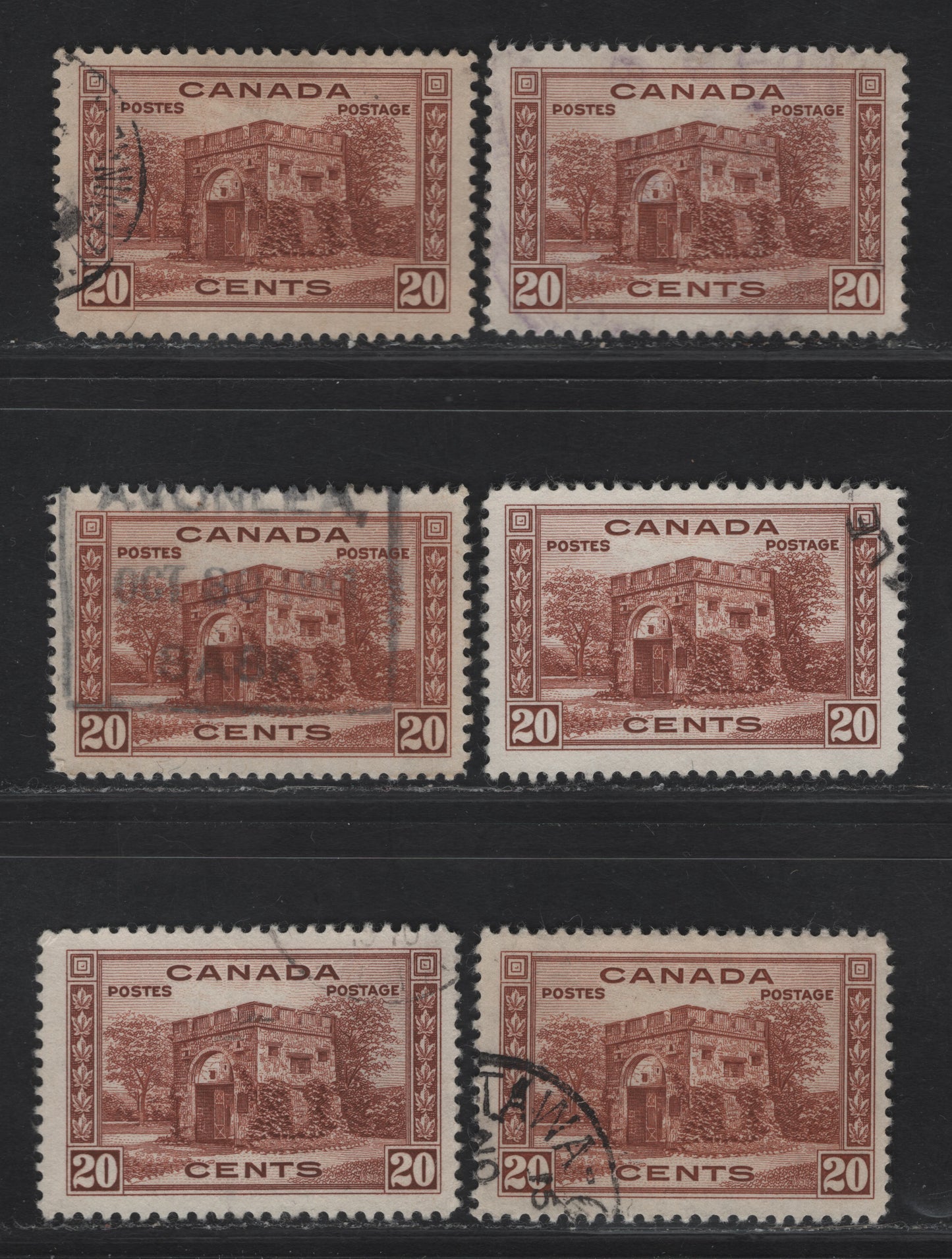 Lot 310 Canada #243 20c Brown Red, Deep Brown Red, Red Brown Fort Garry Gate, 1938 Pictorial Issue, 6 F & VF Used Singles Used Examples On Different CBN Papers With Different Perfs