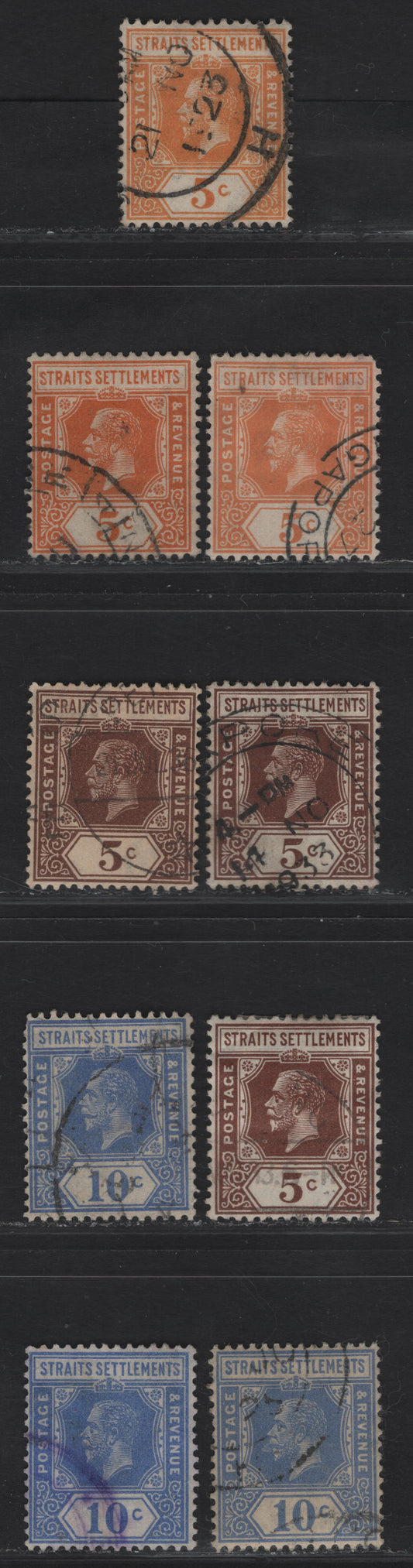 Lot 31 Straits Settlements SG#225, 225c, 226, 226a, 230i 5c - 10c Yellow Orange - Bright Blue, 1921-1933 KGV Imperium Keyplate Issue, 9 Fine/Very Fine Used Singles, Different Shades Of Each With Unlisted Variations, Dies 1 & 2, Multiple Script CA Wmk.