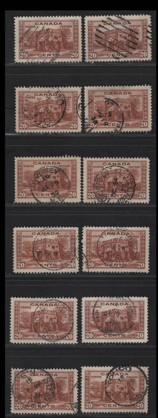 Lot 311 Canada #243 20c Red Brown & Brown Red Fort Garry Gate, 1938 Pictorial Issue, 12 F & VF Used Singles Group Of Used Examples With Full Grid Cancels Or Dated Cancels On Paper Types CBN-Q, CBN-R And CBN-P