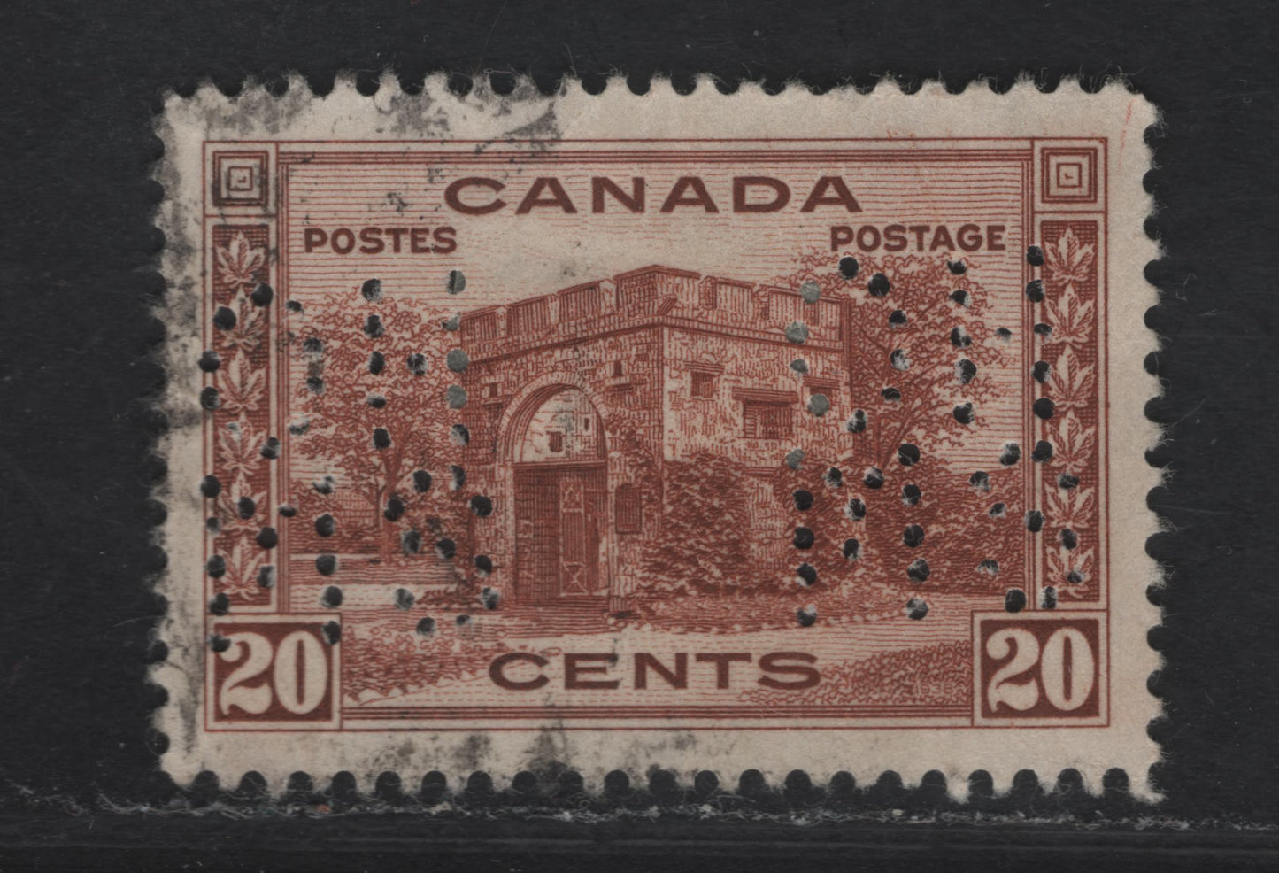 Lot 312 Canada #O8-243 20c Red Brown Fort Garry Gate, 1938 Pictorial Issue, A VF Used Single 5-Hole OHMS Perfin From Pos.A, But Most Likely Fake