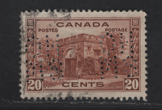 Lot 312 Canada #O8-243 20c Red Brown Fort Garry Gate, 1938 Pictorial Issue, A VF Used Single 5-Hole OHMS Perfin From Pos.A, But Most Likely Fake