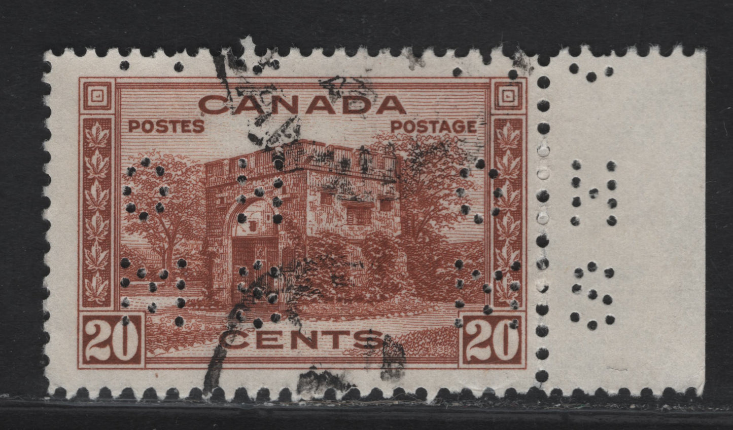Lot 313 Canada #O9-243 20c Red Brown Fort Garry Gate, 1938 Pictorial Issue, A Fine Used Single 4 Hole OHMS Perfins, Pos. 1 On Paper Types CBN-P, Perf 12