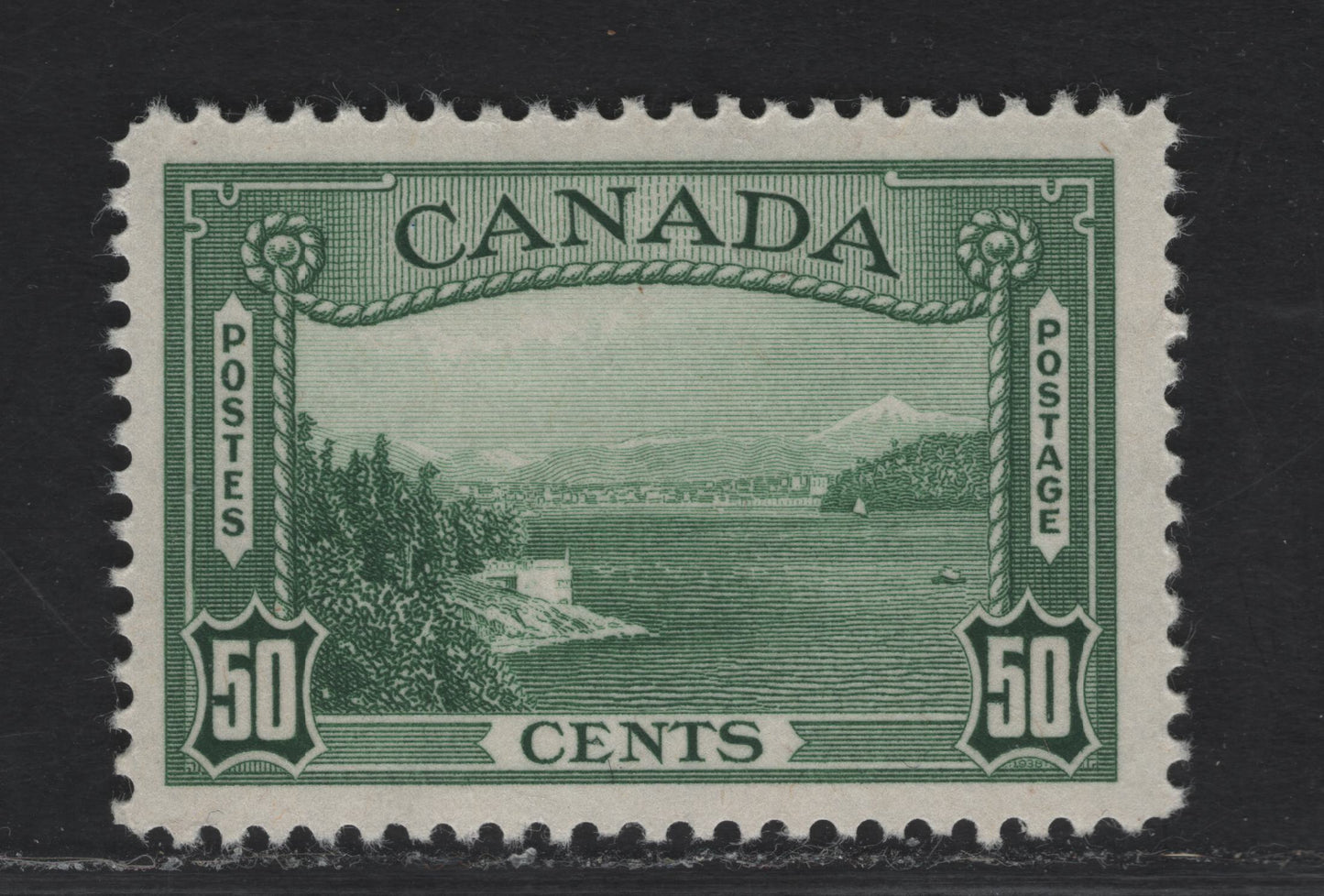 Lot 316 (C) Canada #244 50c Deep Bluish Green Vancouver Harbour, 1938 Pictorial Issue, A VFOG Single On Paper Type CBN-O, Per 12x11.9