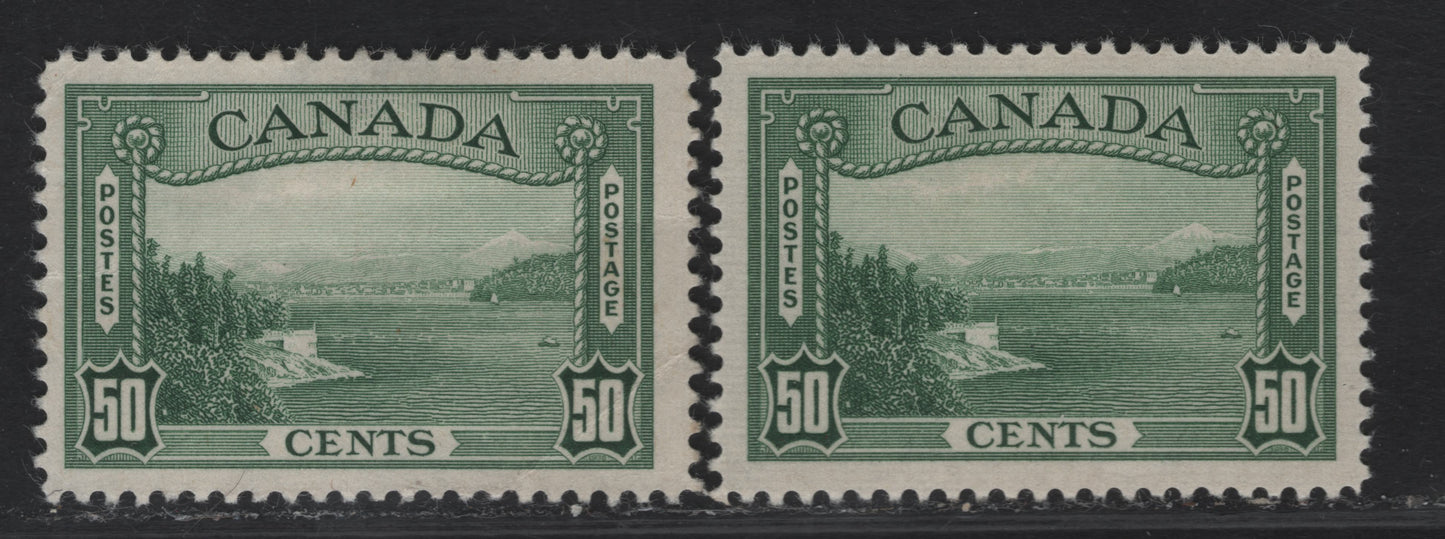 Lot 319 Canada #244 50c Deep Green & Deep Bluish Green Vancouver Harbour, 1938 Pictorial Issue, 2 Good & Fine Singles Reference Lot Of 2 Different Paper Types & Perfs CBN-S, Perf 11.9, And CBN-Q, Perf 11.9x12
